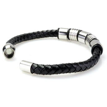 Braided Black Leather Mens Bracelet 6 MM 8.50 Inches with Stainless Steel Magnetic Clasp - Birthstone Company
