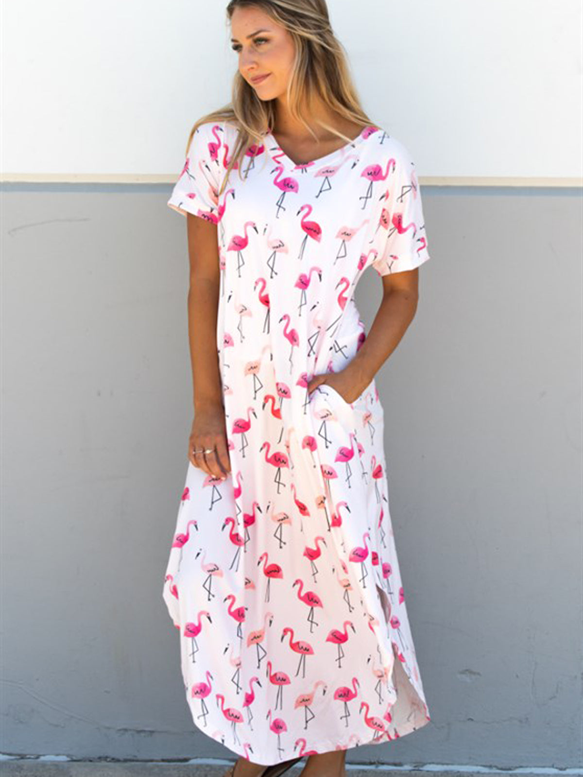 flamingo print maxi dress