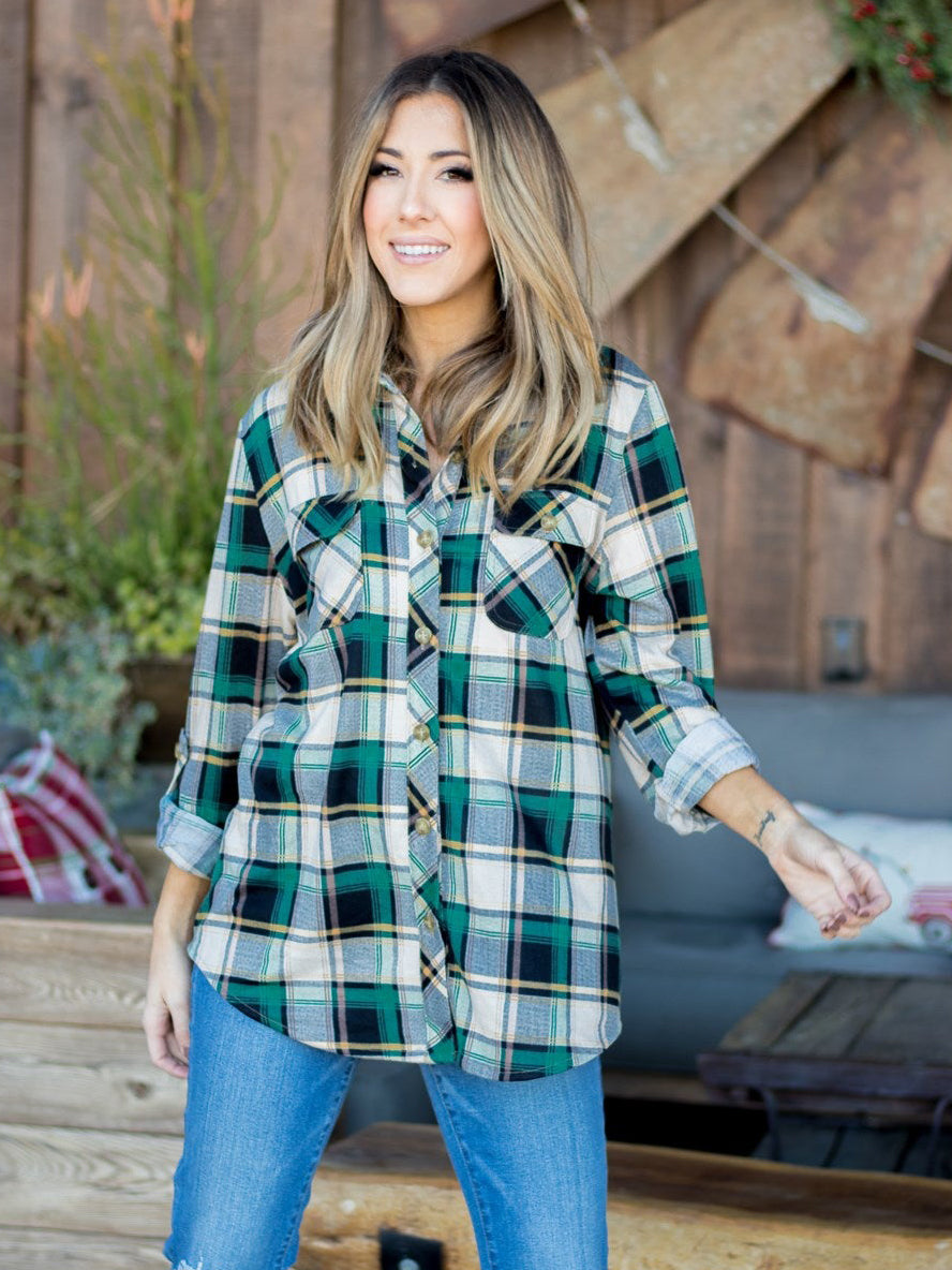 The Whitney Plaid Button Down Top - Green