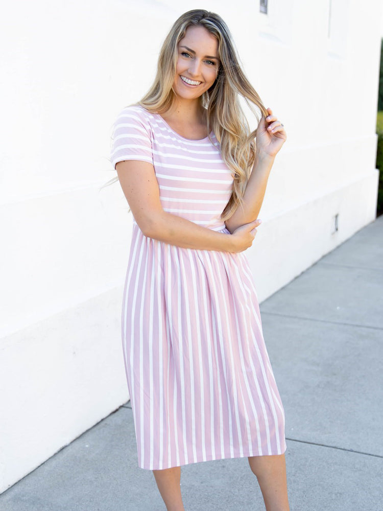 pink striped midi dress