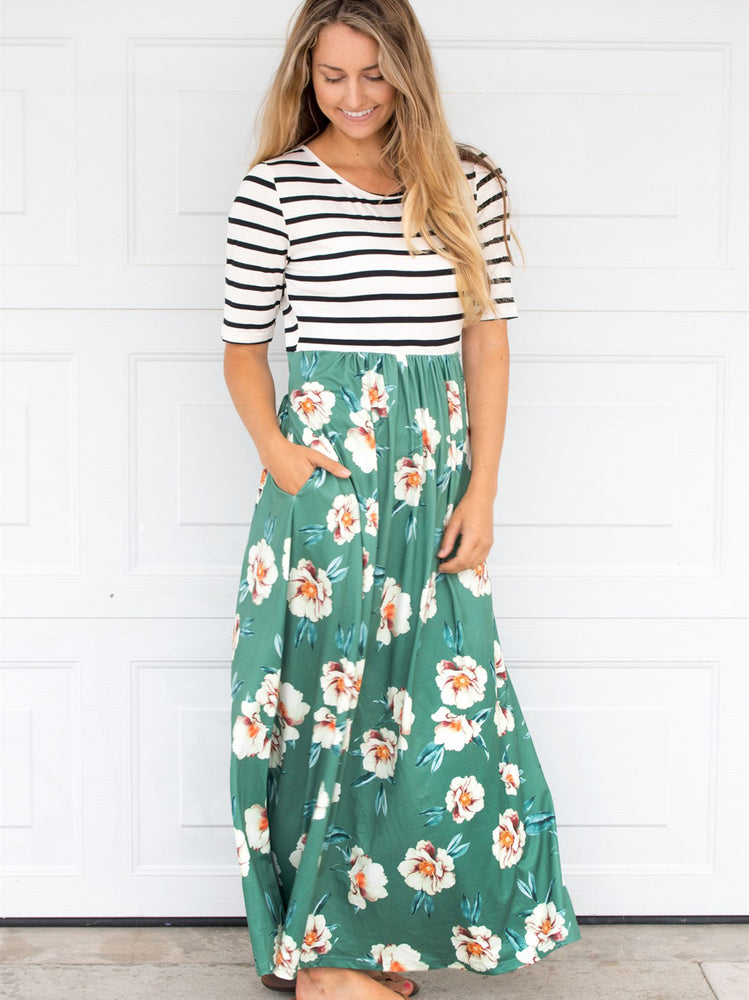 green and white striped maxi dress