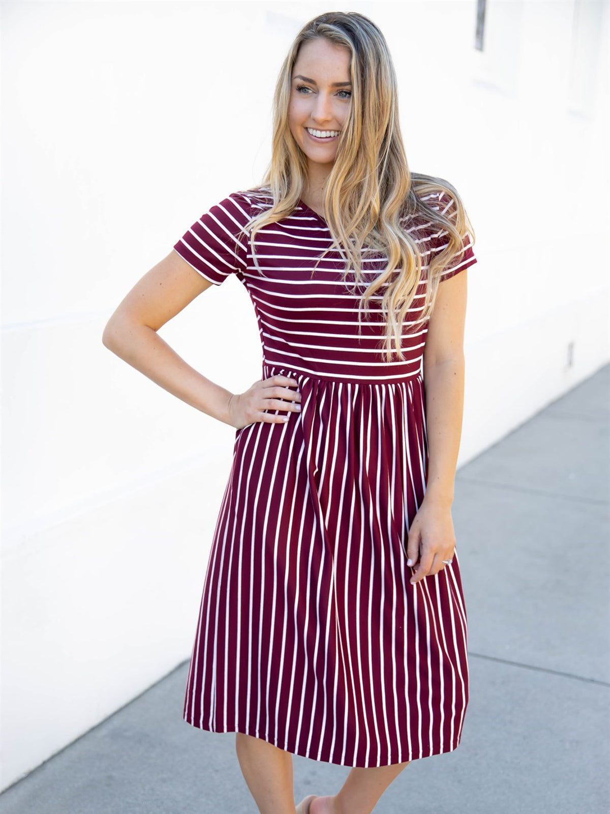 maroon striped dress