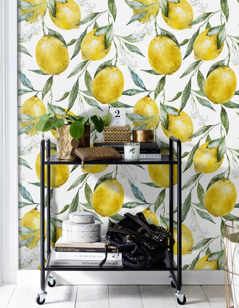 Vintage Lemons, Pattern Wallpaper in bathroom
