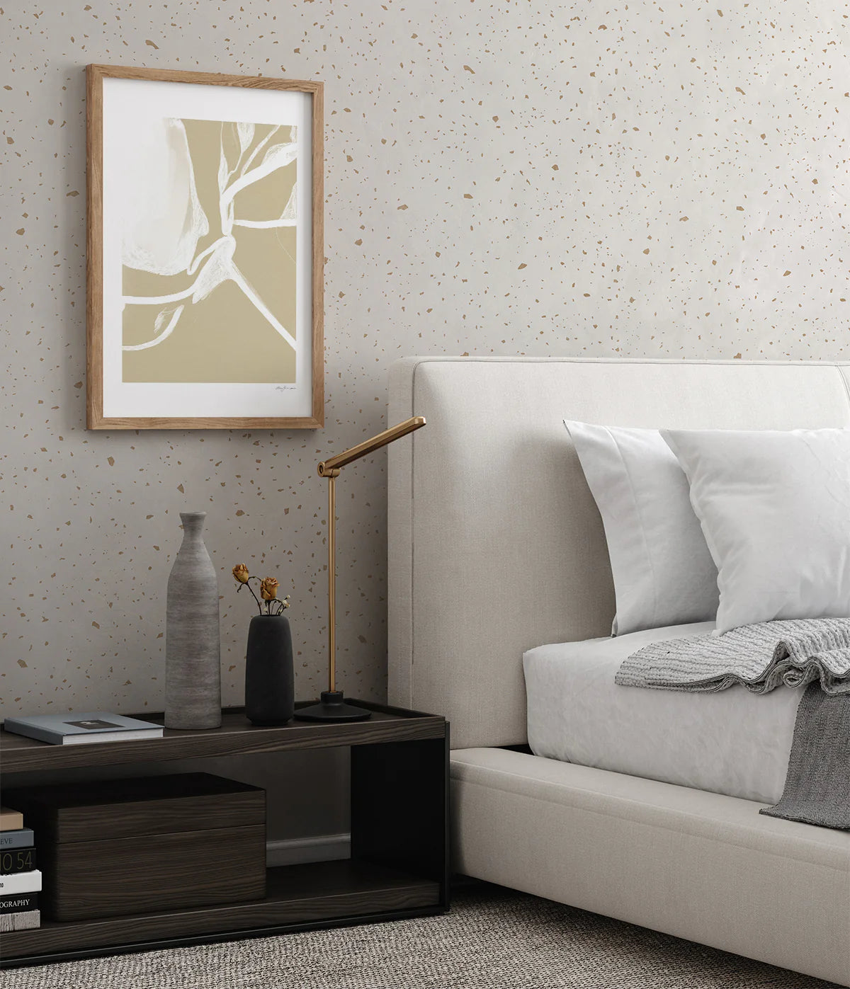 Gold Metallic Confetti Speckles, Pattern Wallpaper in modern bedroom