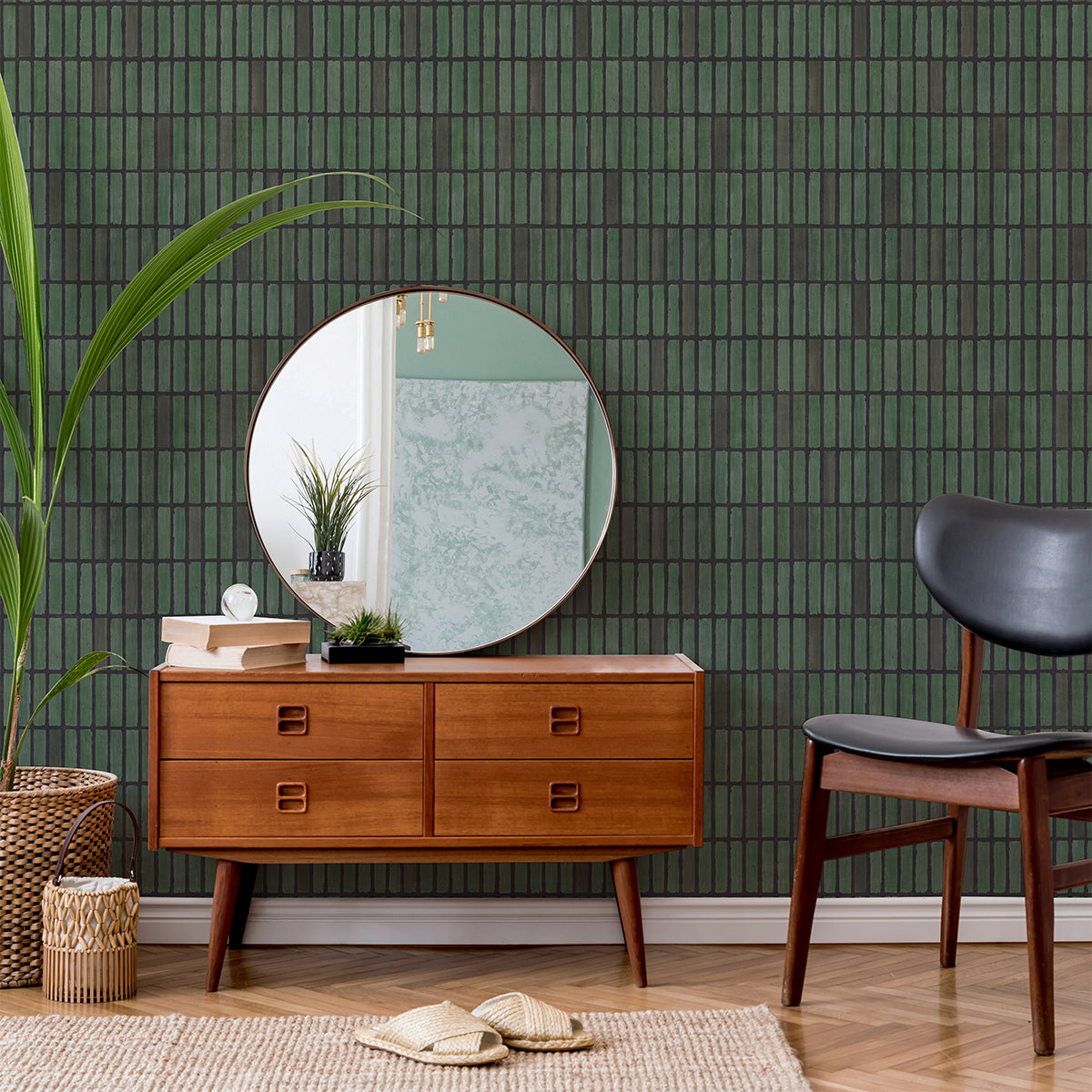 Terra Tessel, Pattern Wallpaper in Green, adorning a wall in a vanity room