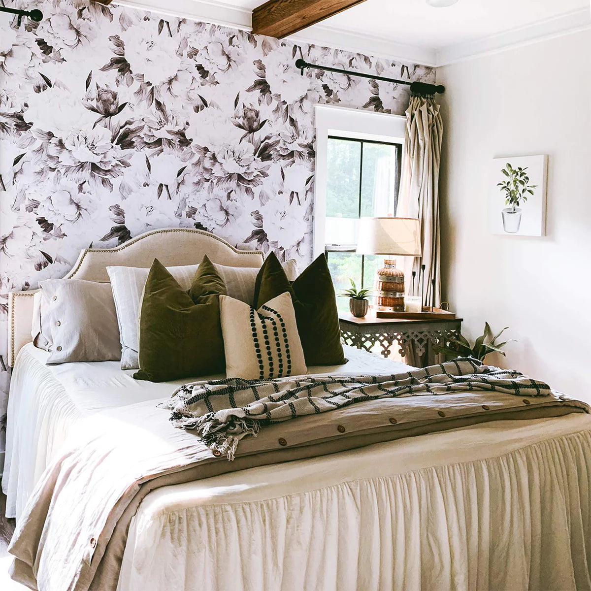 Delicate Grey Peonies, Floral Pattern Wallpaper in bedroom