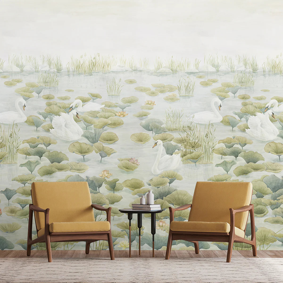 Swans and Lilies, Nature Mural Wallpaper