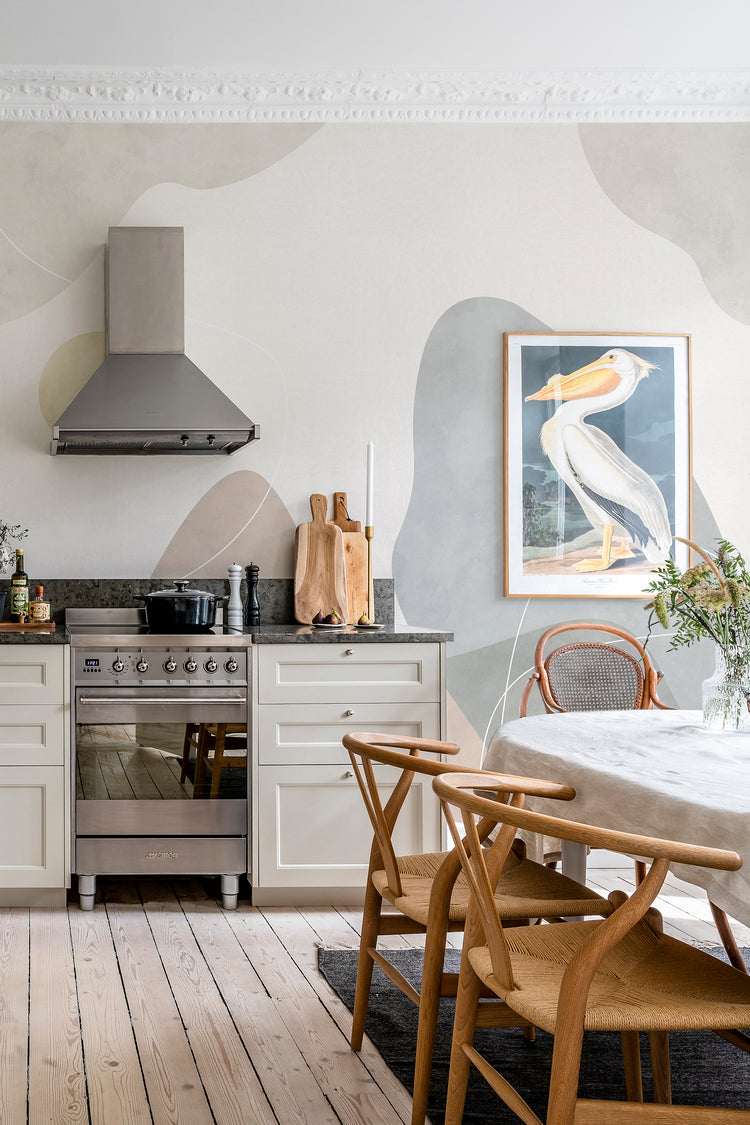 Closed up, Terrain Bold, Mural Wallpaper graces a open concept kitchen and dining area