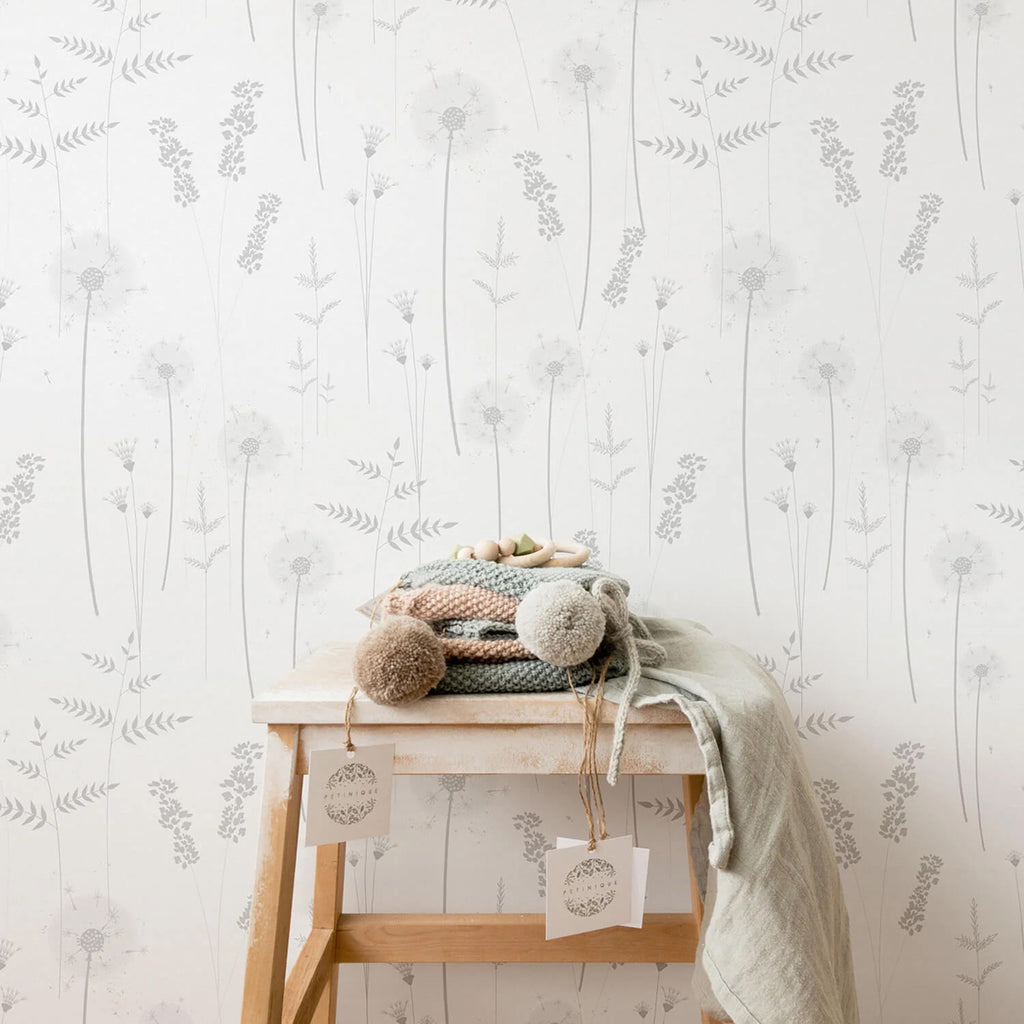 Willow Flower, Grey Pattern Wallpaper seen in a nursery room.