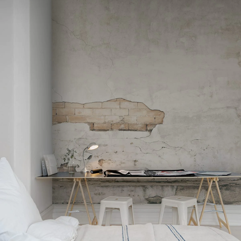 Frontage Brick, Wallpaper featured on a wall of a bedroom with a study table and white stool adjacent to the bed