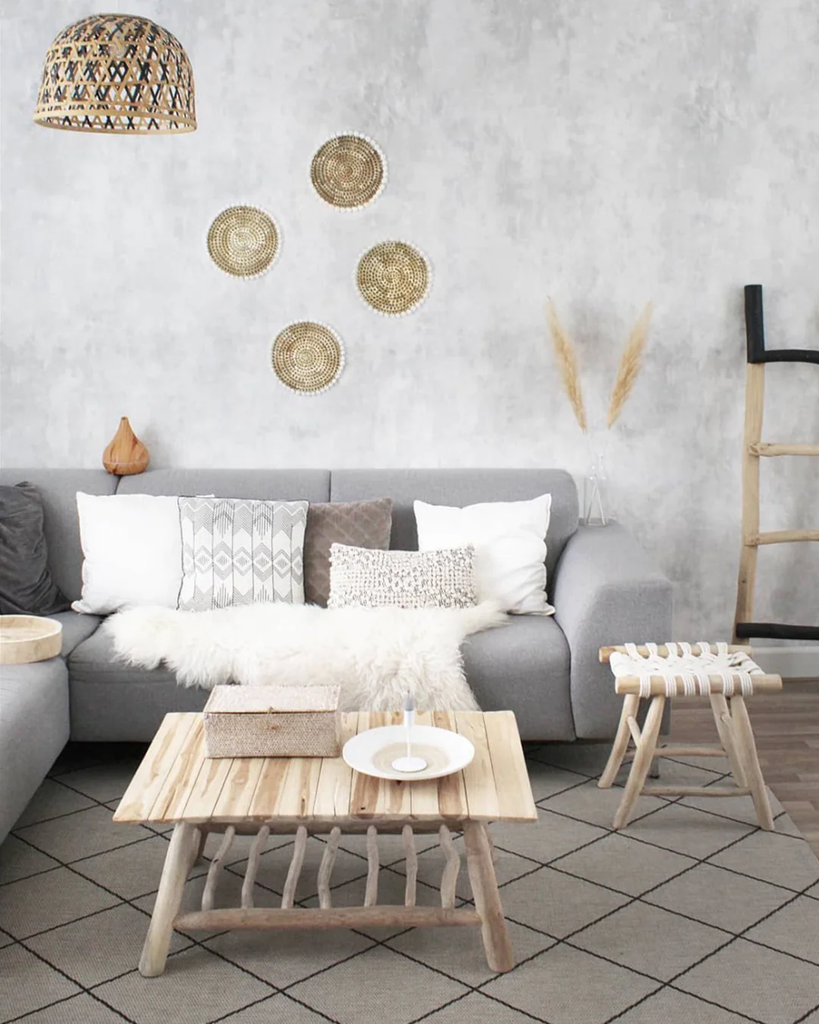 Fresco, Grey Faux Texture Wallpaper, in a living room with rattan and light wood furniture