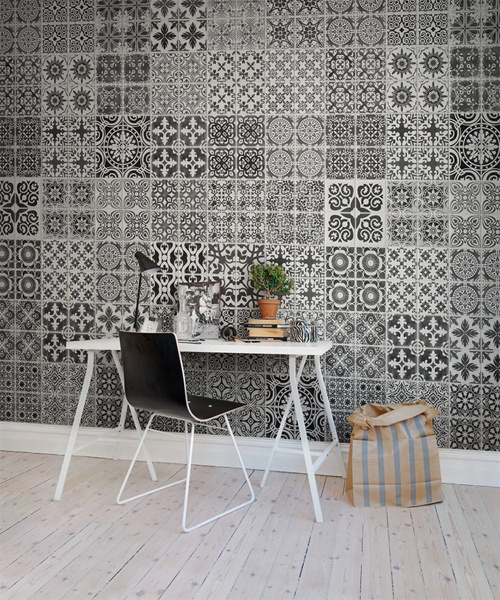 Marrakech Tiles, Pattern Wallpaper in dark grey featured on a wall of a study room with white table and black chair