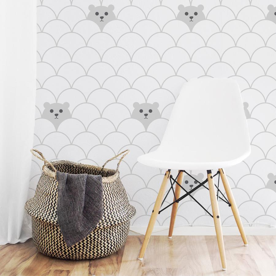 Hide and Seek Bear, Pattern Wallpaper, in a children's nursery room with a woven basket and a wooden chair.