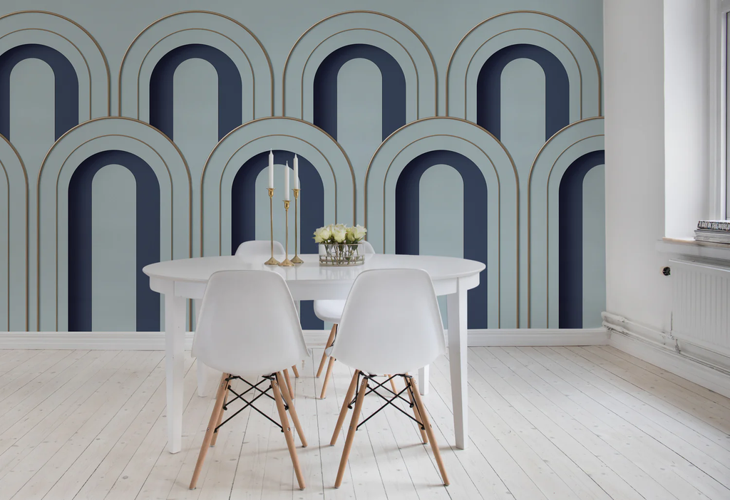 Arch Decor, Pattern Wallpaper in Blue in Dining Room