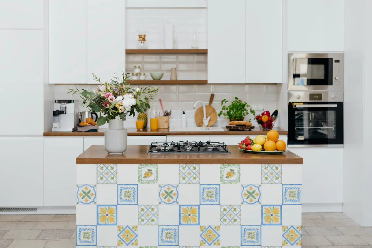 Capri Tiles, Pattern Wallpaper in all white kitchen area