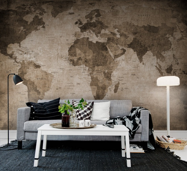 World Map Wallpaper in Brown