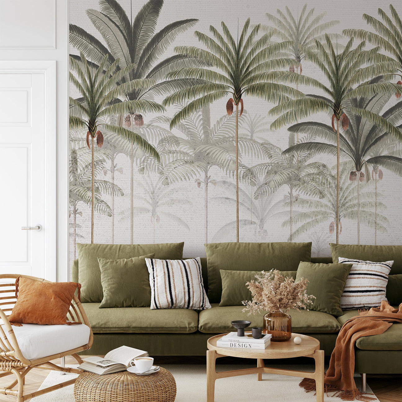 Rainforest Vintage, Wallpaper in living room with green sofa