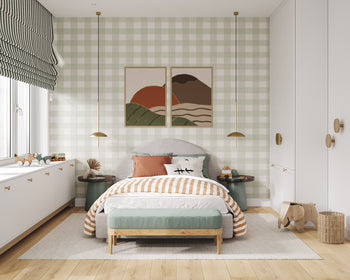 Gingham criss cross wallpaper in kids bedroom with white cupboards and gold pendant lights