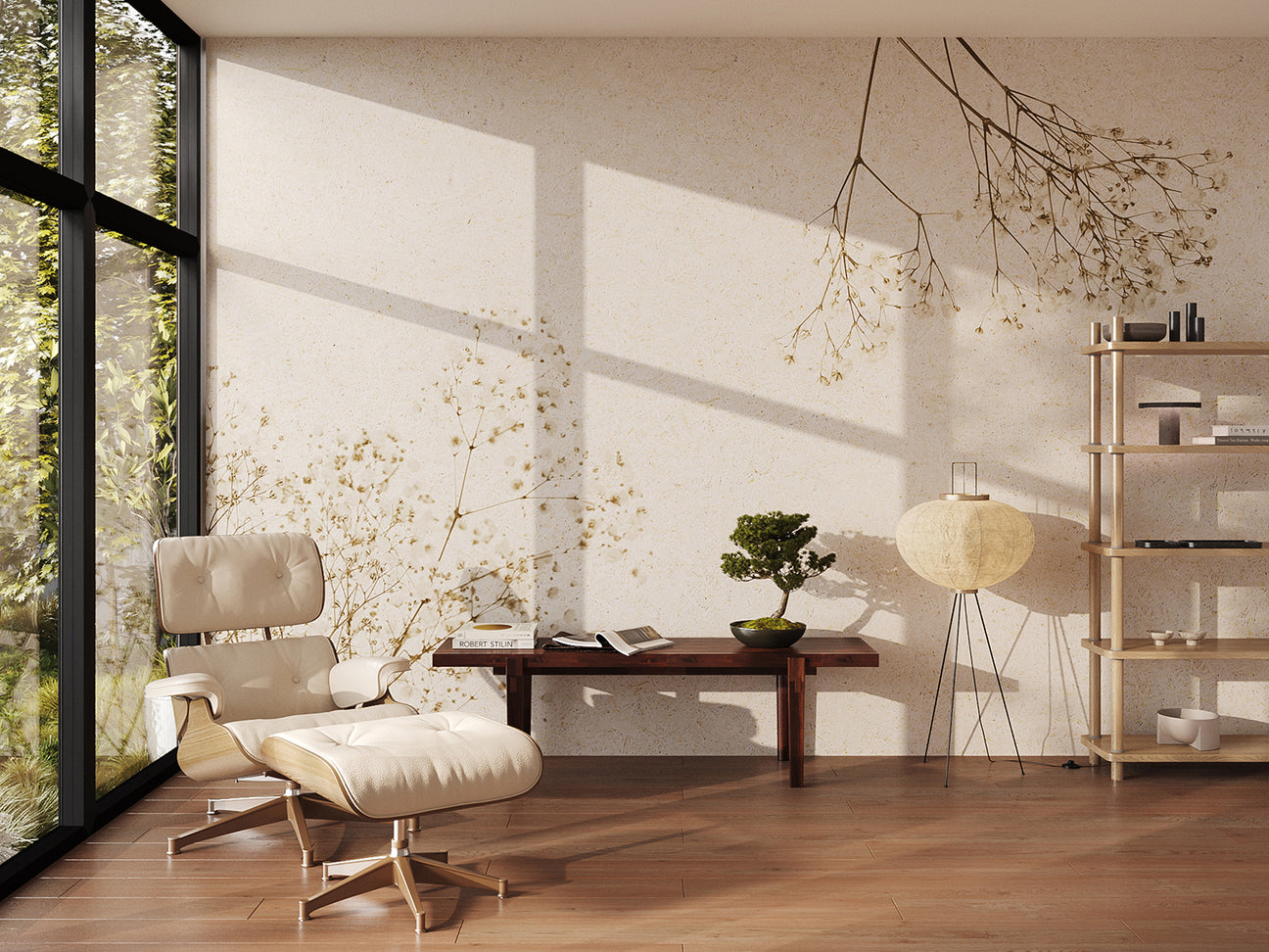 wallpaper for japandi interior design living room