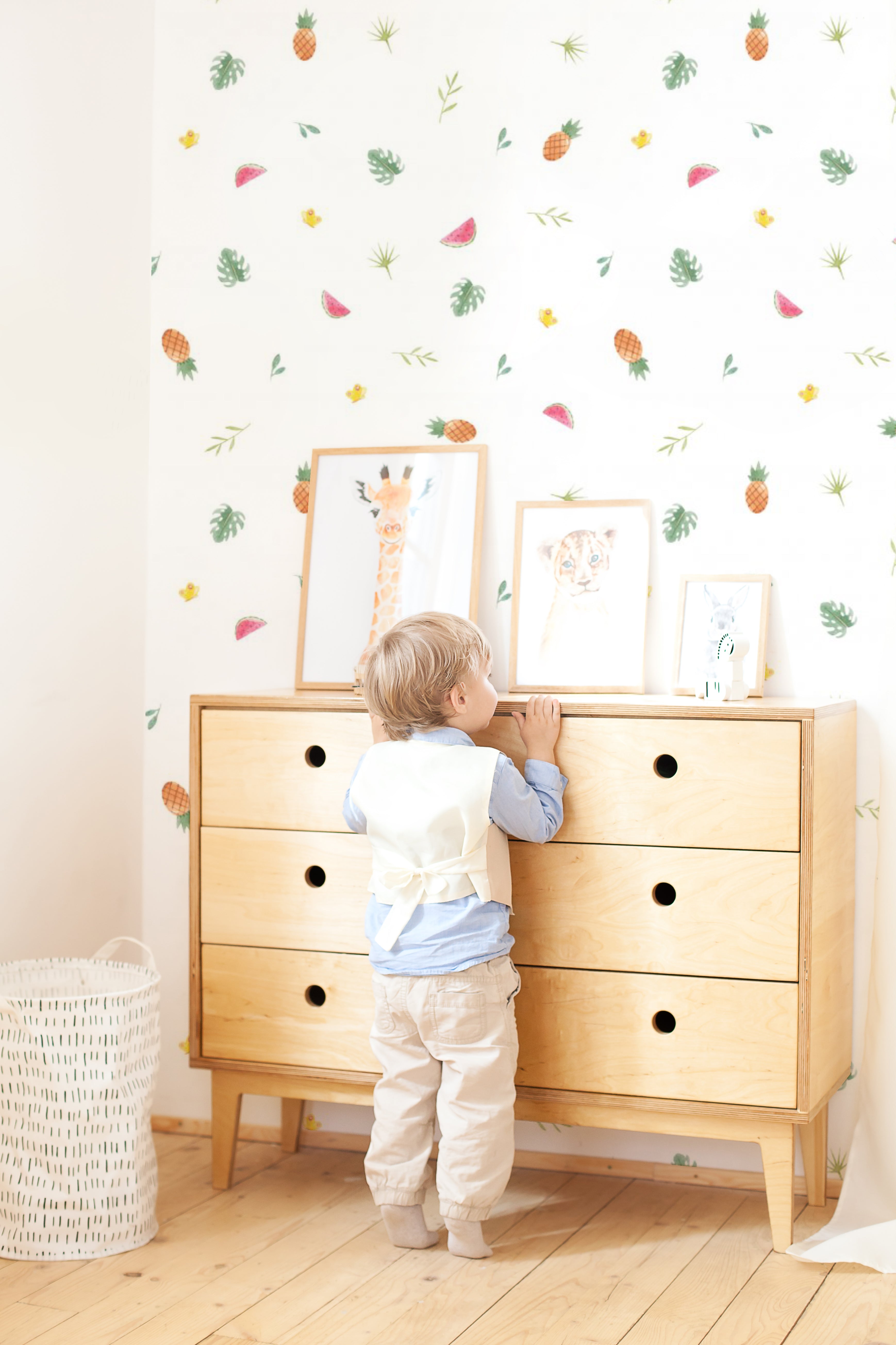 Fruits Garden, Pattern Wallpaper in a kids room with wooden closet