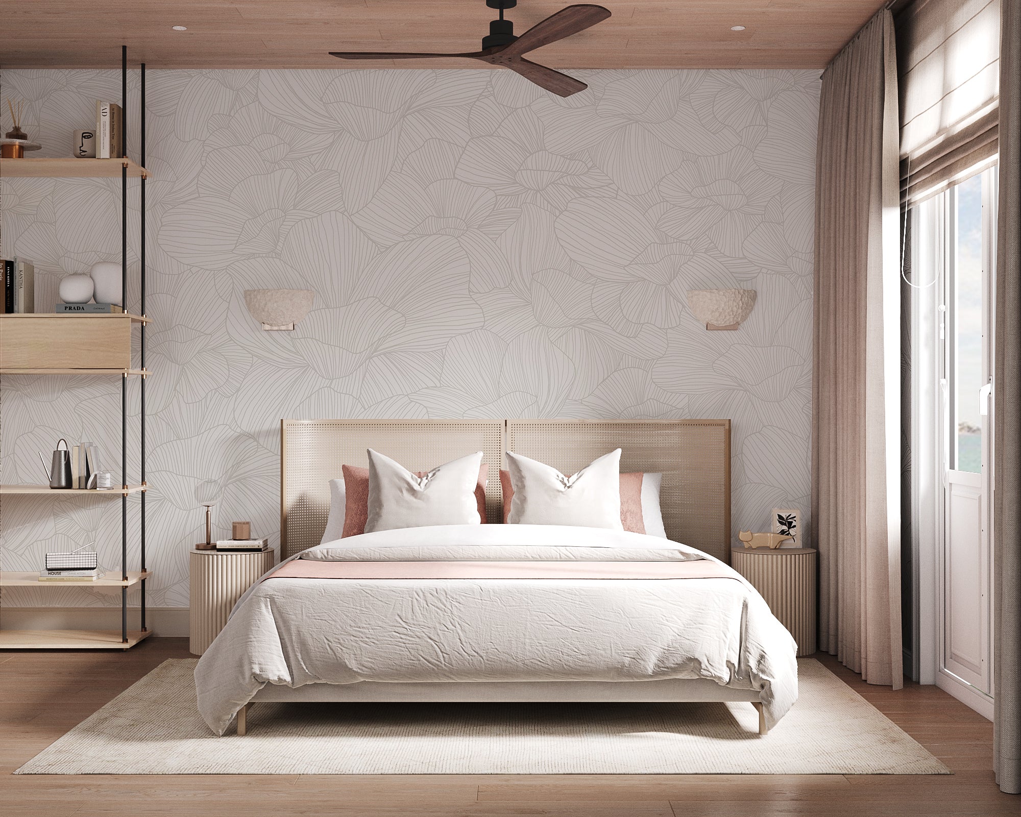 Saltwater Blooms in a bedroom, applied on the wall behind the bed, with light coloured furnishings.