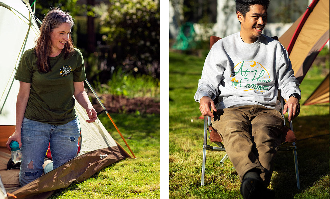 Left image is a woman wearing an At Home Campout t-shirt. Right image is a man wearing an At Home Campout sweatshirt.