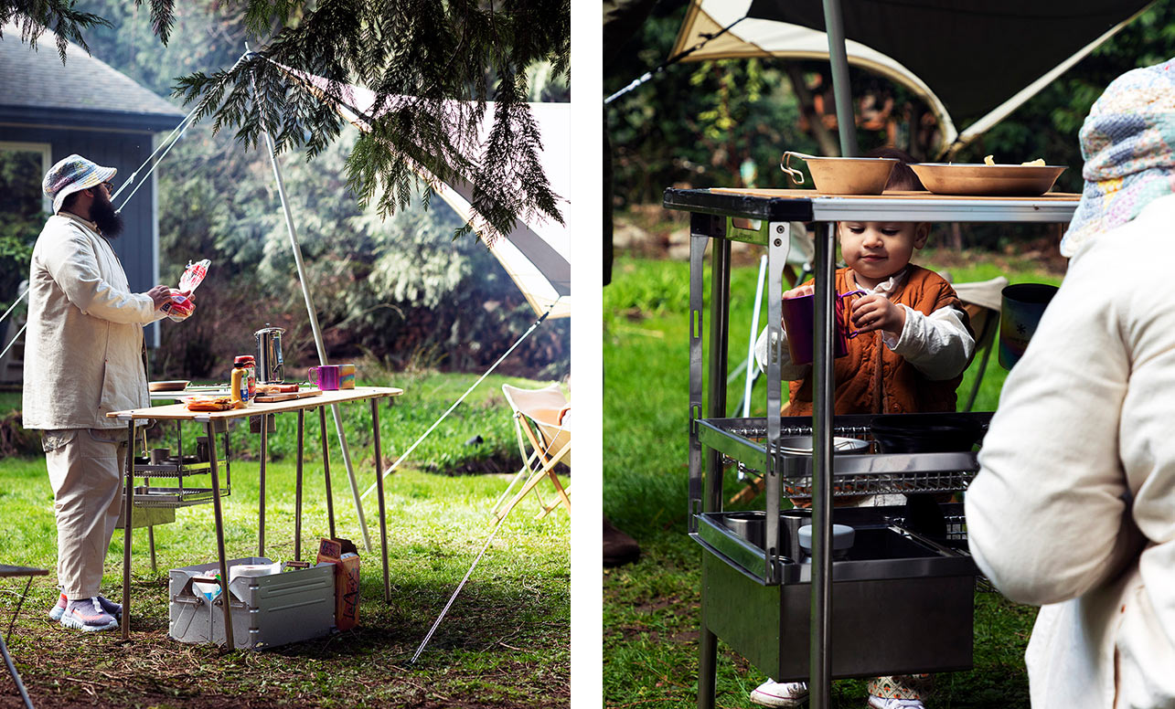 Left image is a person cooking over an amazing IGT setup. Right image is a small child exploring the outdoor kitchen.