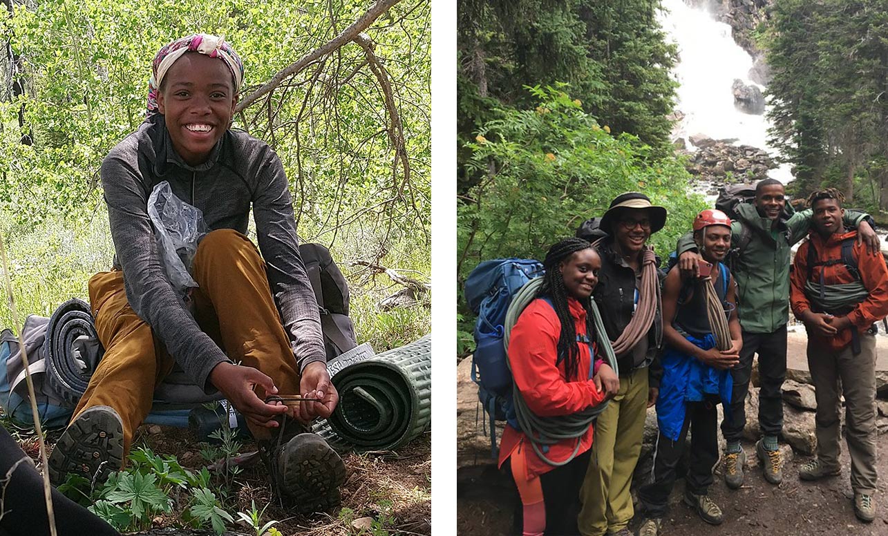 Left image shows a young camper sitting on a rock. Right image shows a group of young hikers standing in front of a picturesque waterfall.