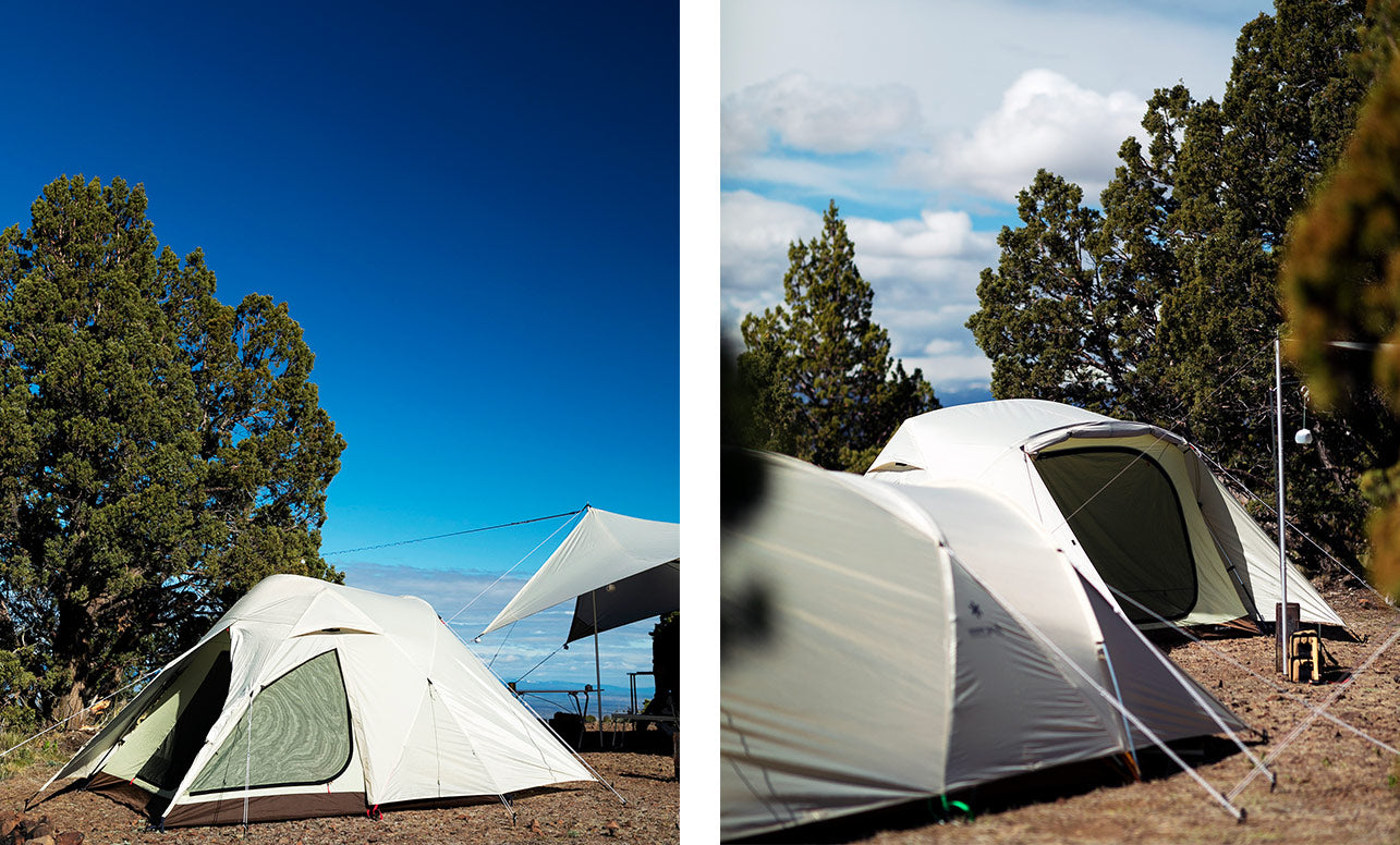 Left image shows side view of the brand new Alpha Breeze tent. Right image shows the front view of the Alpha Breeze tent with the vestibule rolled up and front door visible.