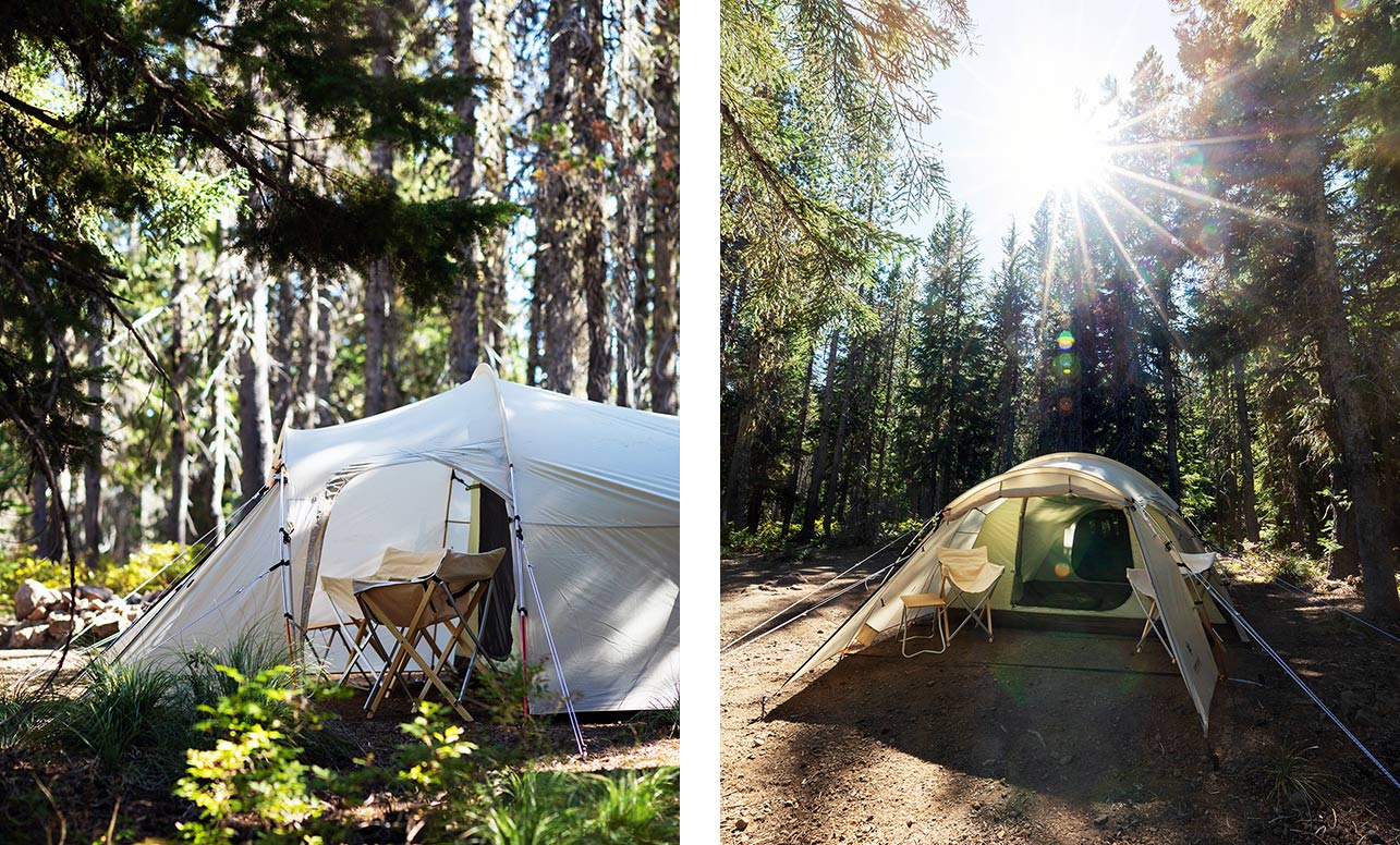 Left image shows a side view of the Vault tent with a table and chairs set up in the covered vestibule. Right image shows the Vault tent with the vestibule opened up and the sun shining down.