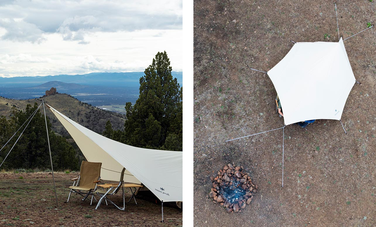 Left image shows the front portion of the Hexa Ease 1 in Ivory with a table and chairs set up under the edge of the tarp. The right image is an aerial view of the tent and tarp footprint, a campfire burns just in front.