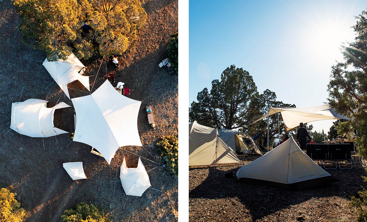 Left image is an aerial view of several tents from the Ivory Line. Right image shows the Lago 1 in Ivory set up with a few ivory tents and a tarp behind it.