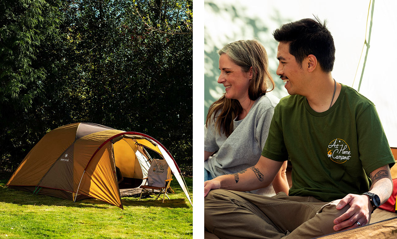 Left image shows a Snow Peak tent set up on grass with trees behind it. Right image shows a pair of individuals inside of a tent