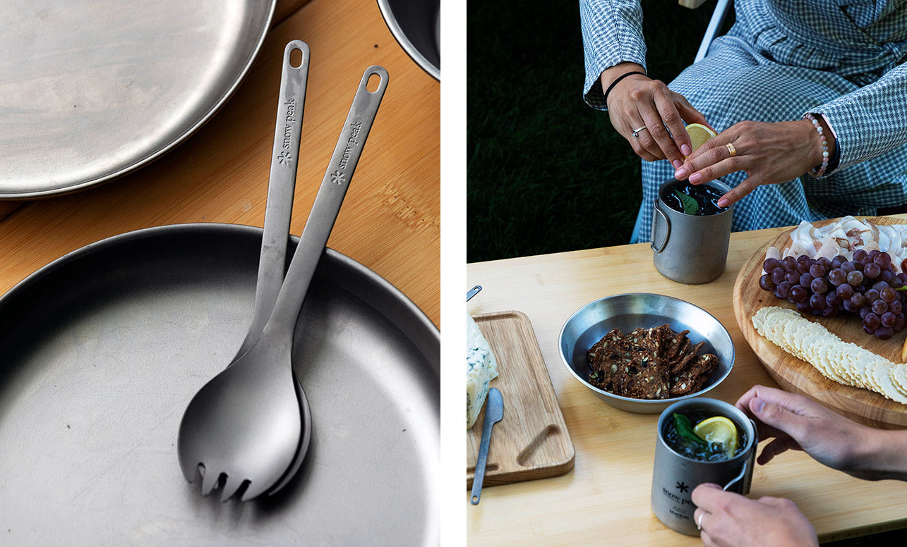 Left image shows Snow Peak titanium plateware and sporks. Right image shows a tasty spread of camping snacks on Snow Peak serveware.