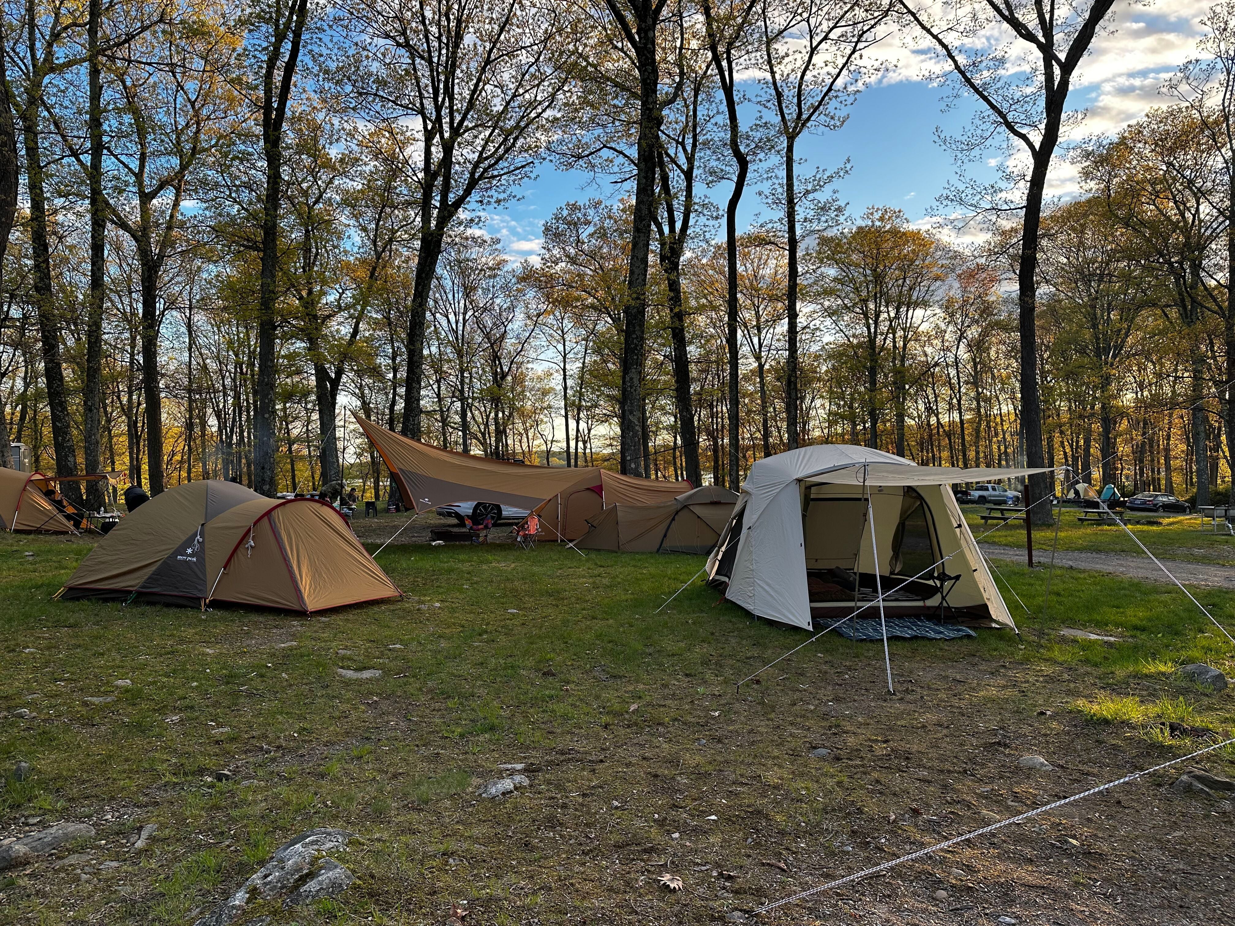 Camping scene showing two tents from a Snow Peak Brooklyn Campout