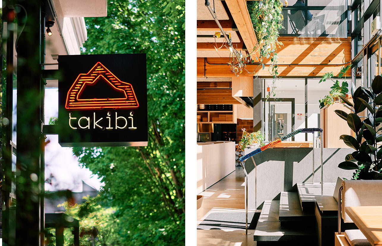 Left photo shows the neon Takibi sign that hangs outside. Right photo shows the entry stairs with bright light, lots of plants, and warm wood accents.
