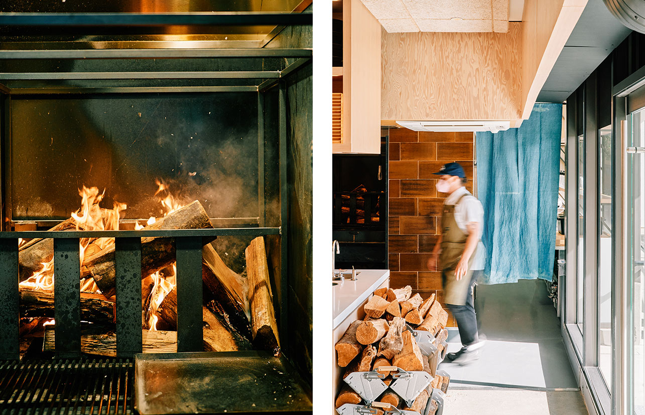 Left image shows a glowing hearth. Right image shows stacks of wood for the hearth and someone walking past.