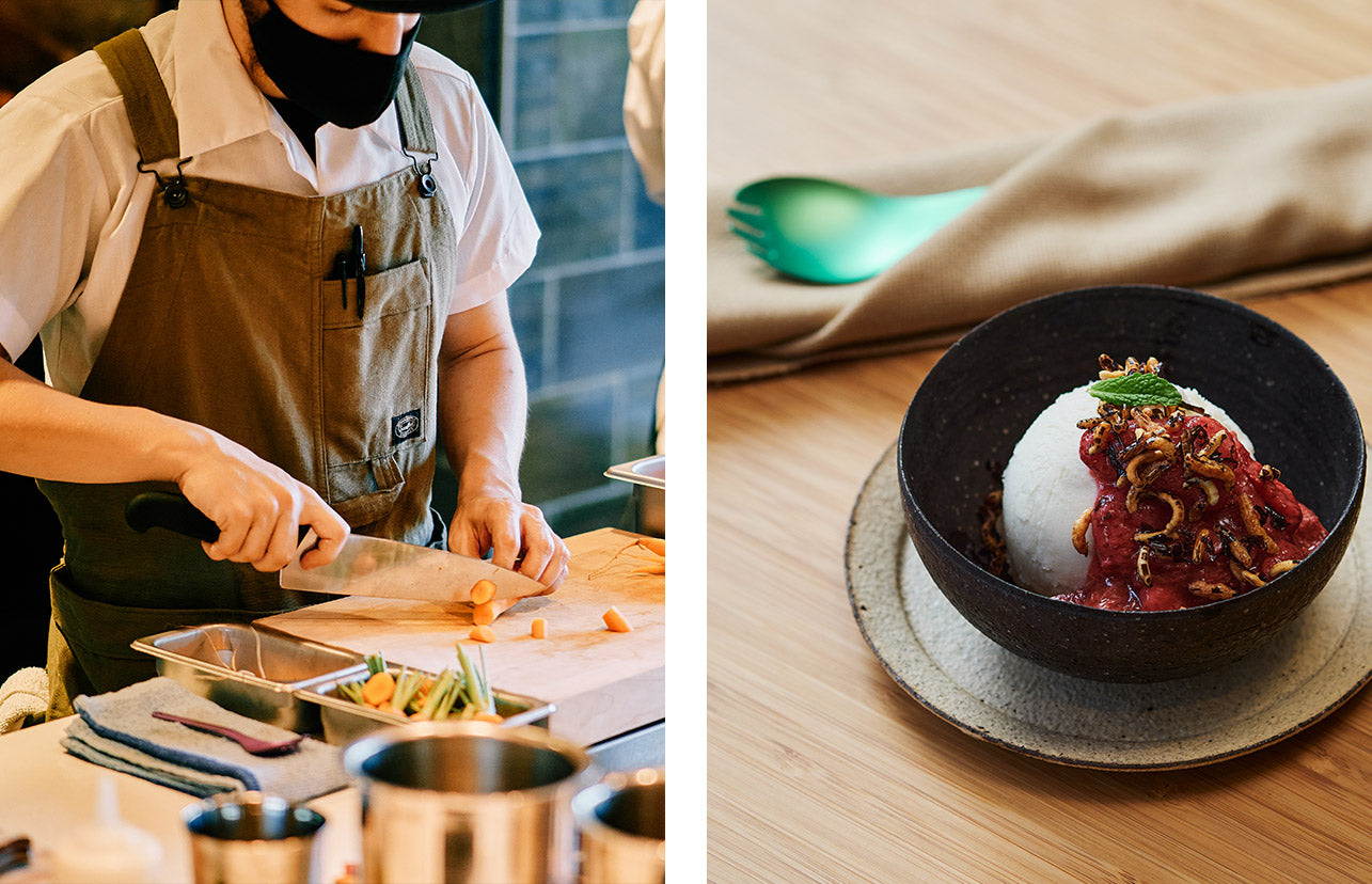 Left photo showing a line cook preparing a meal. Right photo showing a beautiful dessert presentation.