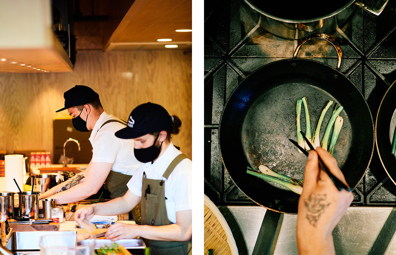 Left image shows cooks preparing food in the open kitchen. Right image shows someone pan-grilling vegetables.