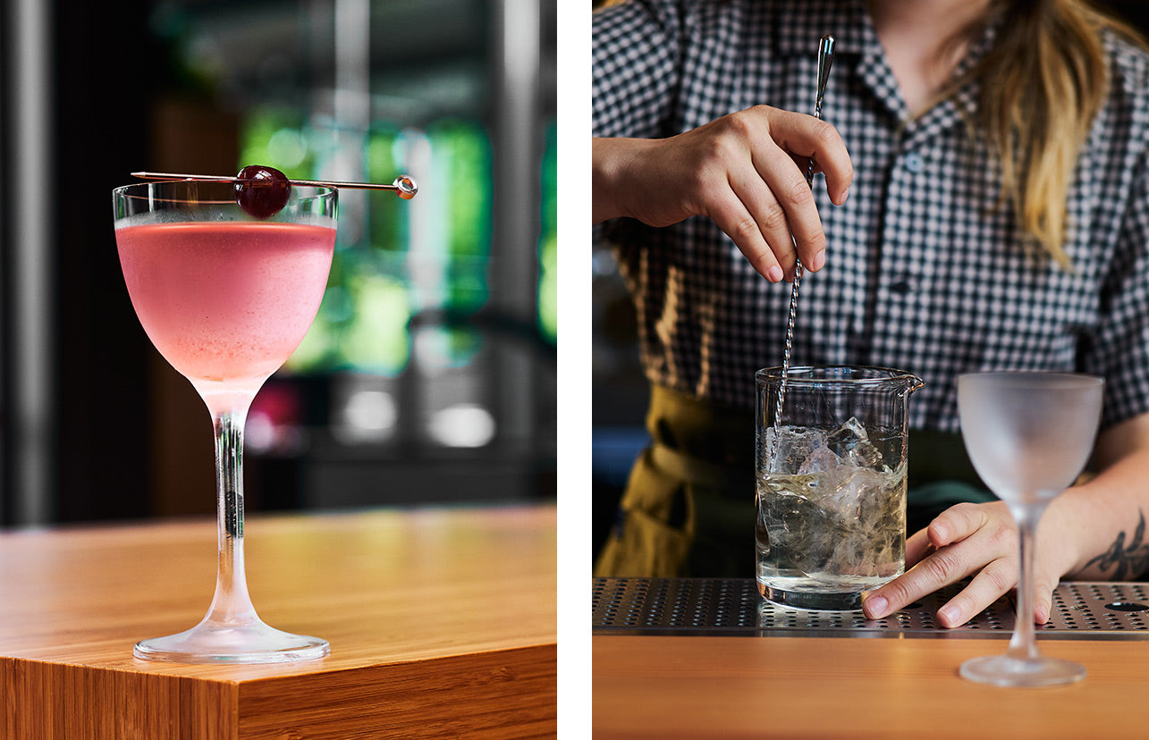 Left photo shows a bright pink cocktail in a stem glass. Right photo shows a person stirring a cocktail as they prepare it.
