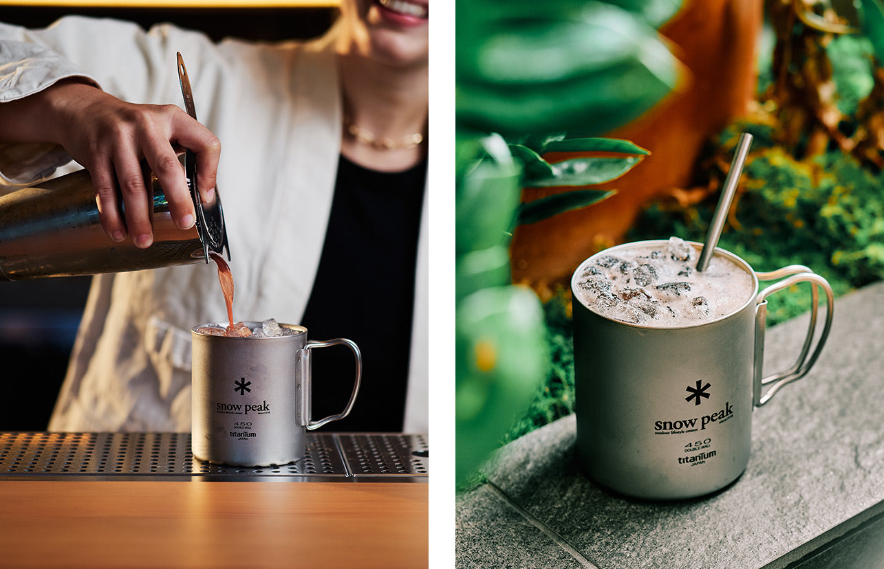 Left image shows a bartender pouring a drink. Right image shows a icy cocktail served in a Snow Peak mug.