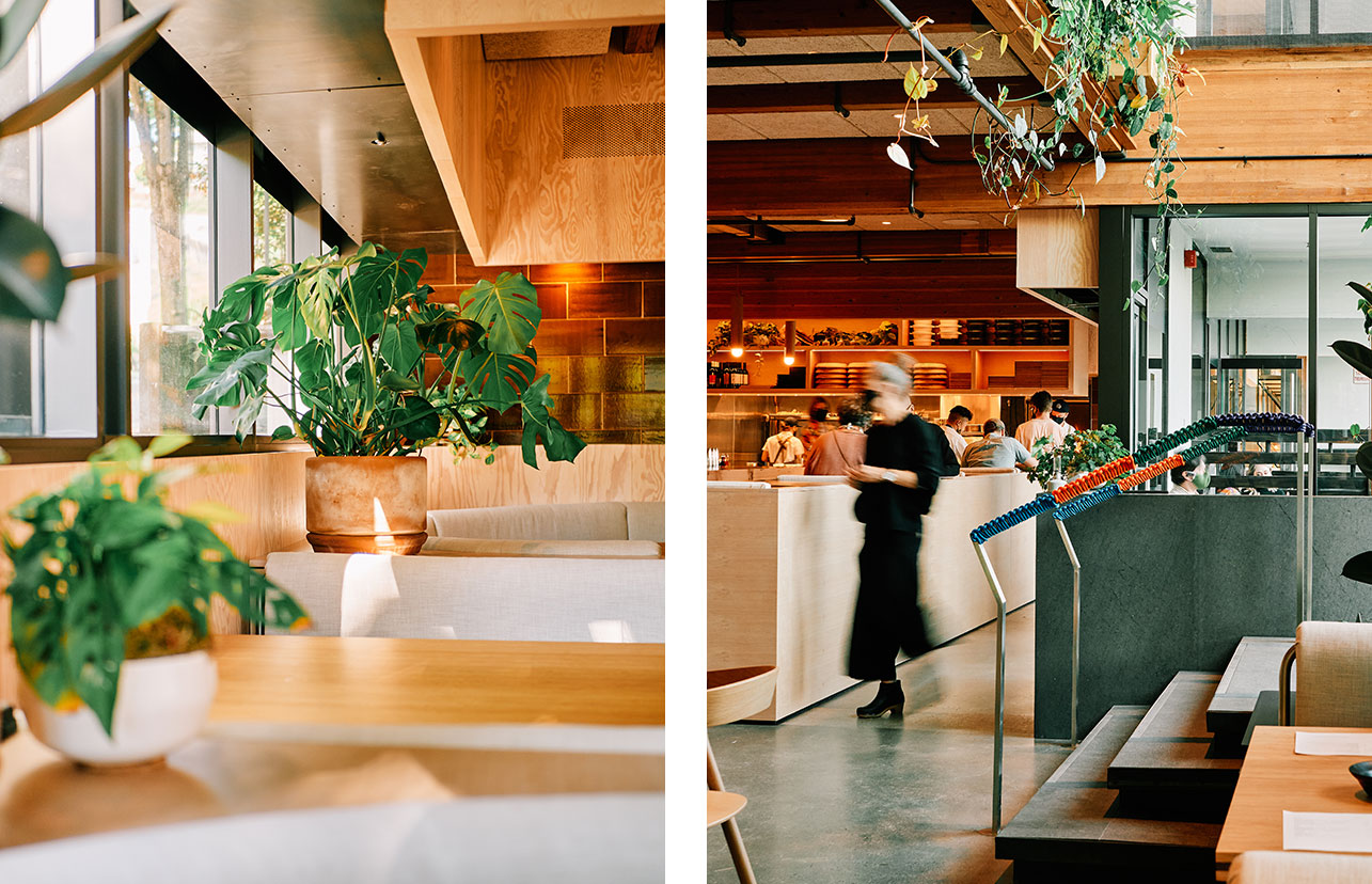 Left image shows warm woods and bright greenery inside the restaurant. Right image shows the entry staircase.