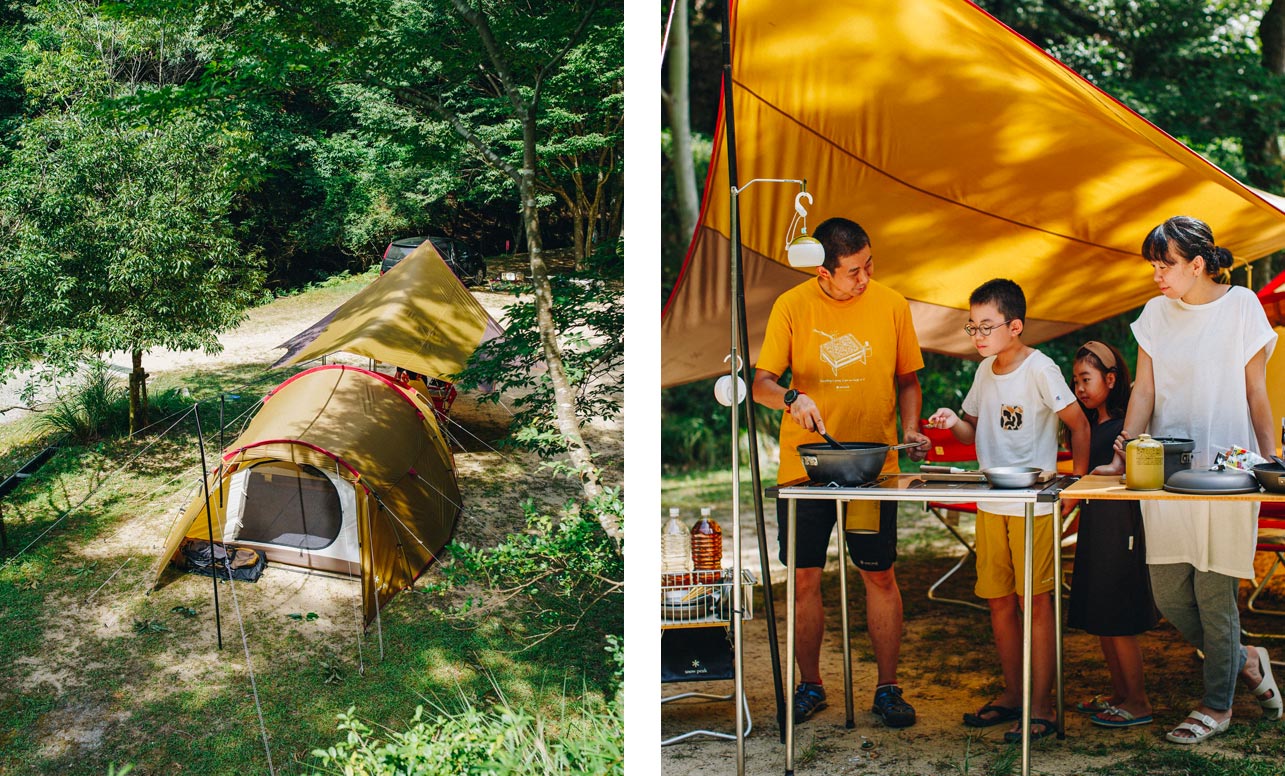 Left image shows a Snow Peak tent and tarp combination from our entry line. Right image shows a family cooking on an IGT setup under a Snow Peak tarp.