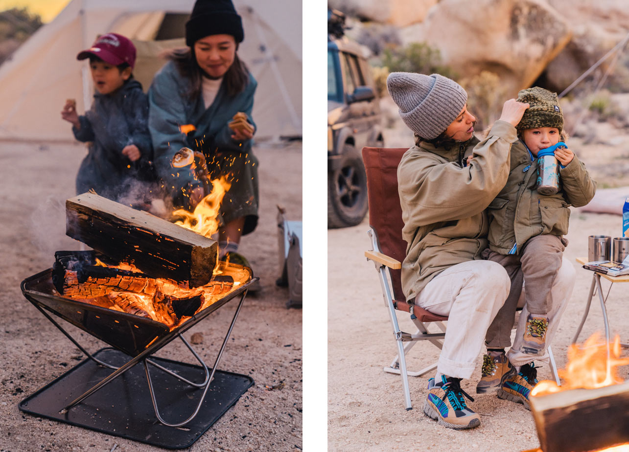 Image shows a diptych of two moms with their sons sitting in front of a campfire. 