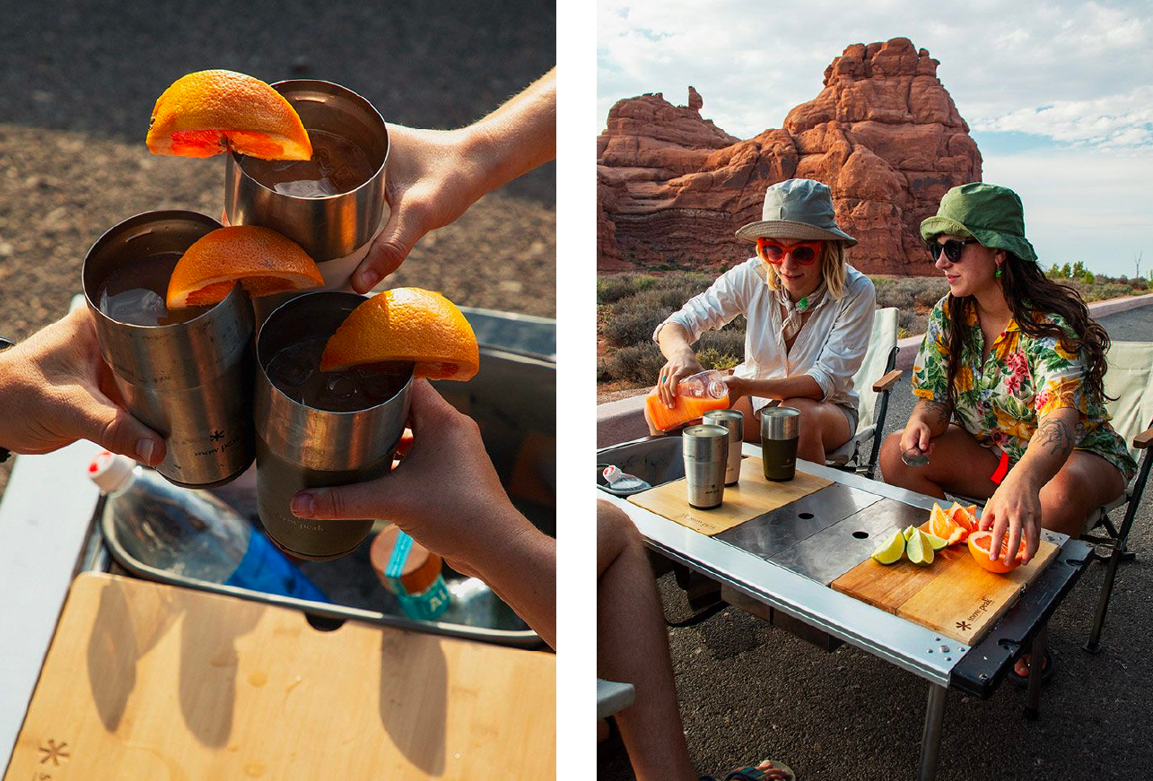 Left image shows three campers enjoying a toast with Palomas in Shimo Tumblers. The right image shows two campers sitting at an Entry IGT Table preparing the Palomas.