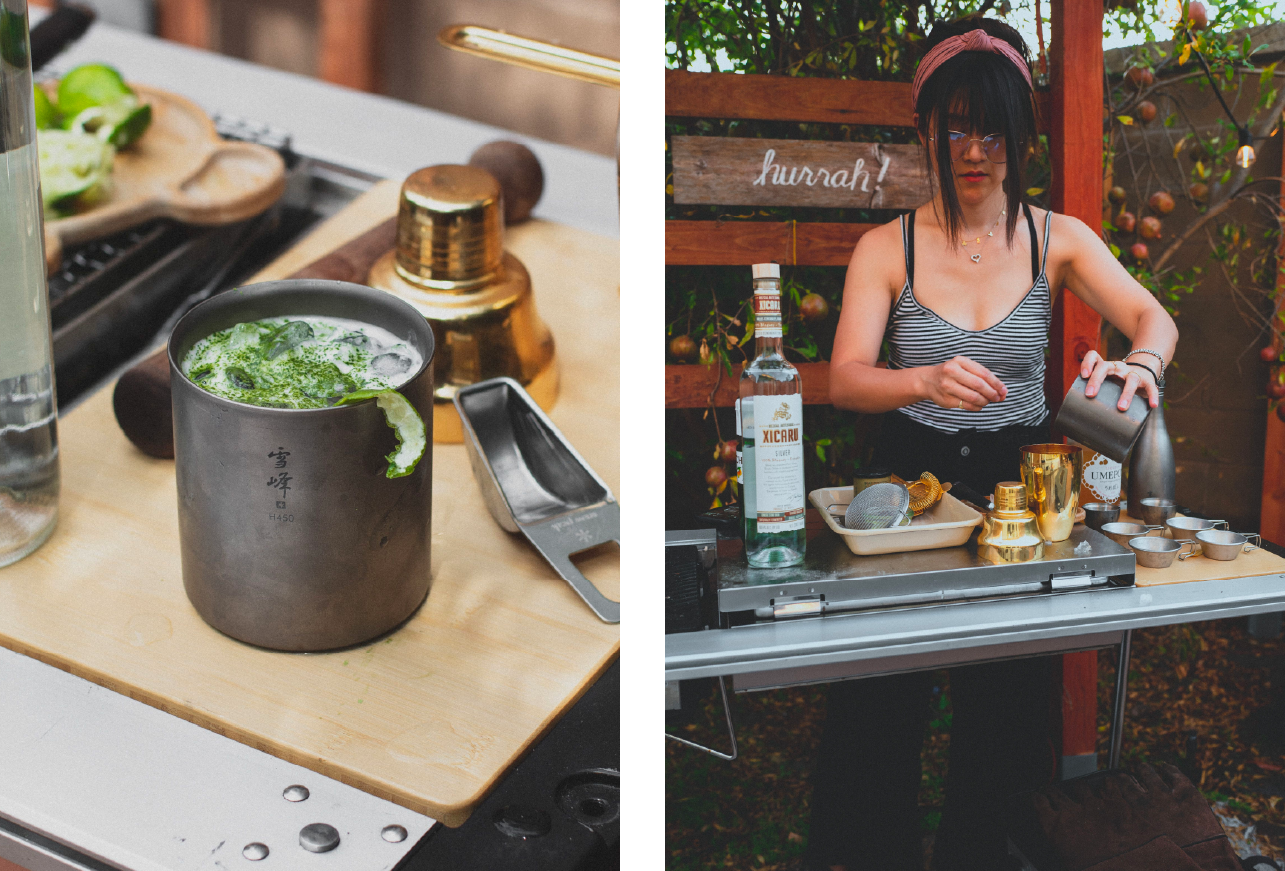 Left image shows a frosty titanium mug filled with an Ume Sour cocktail. Right image shows Snow Peaker Jin preparing her Ume Sour using her IGT camp kitchen setup.