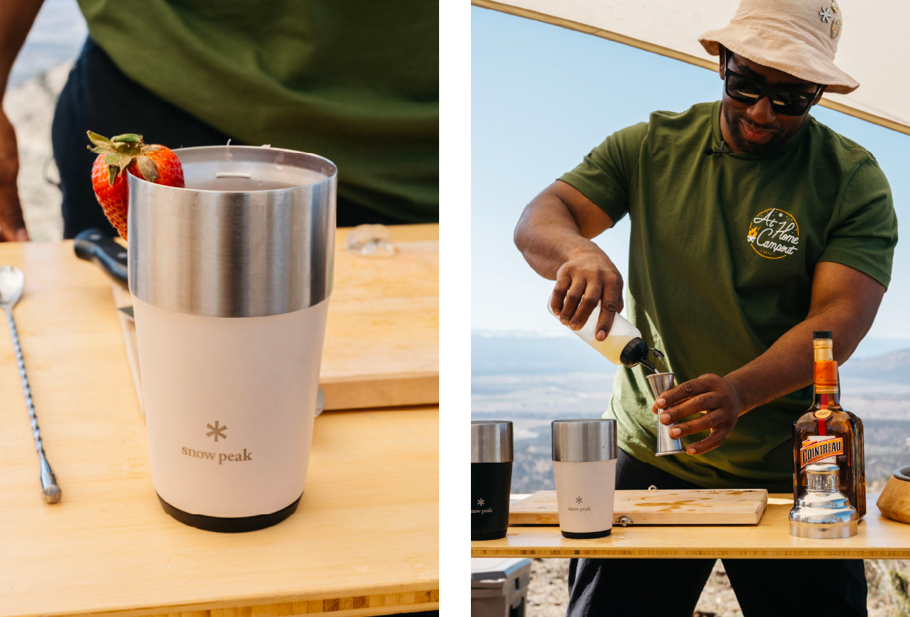 Left image shows a Shimo Tumbler garnished with a strawberry. The right image shows Rashad Frasier of Camp Yoshi creating his camp Sidecar cocktail.