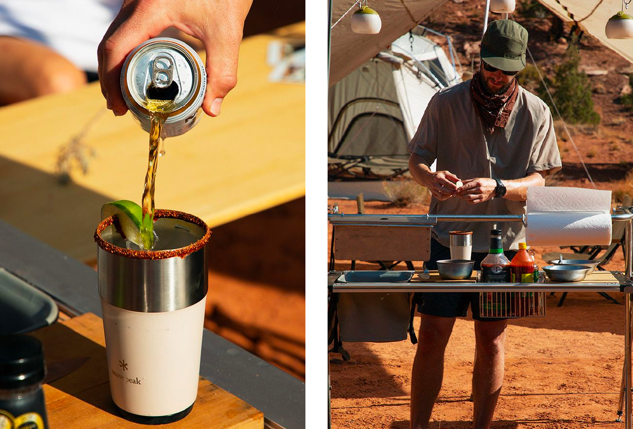 Left image shows a hand pouring beer from a can into a Shimo Tumbler rimmed with tajin and a lime. The right image shows a camper standing at an IGT camp kitchen set up preparing the Michelada.