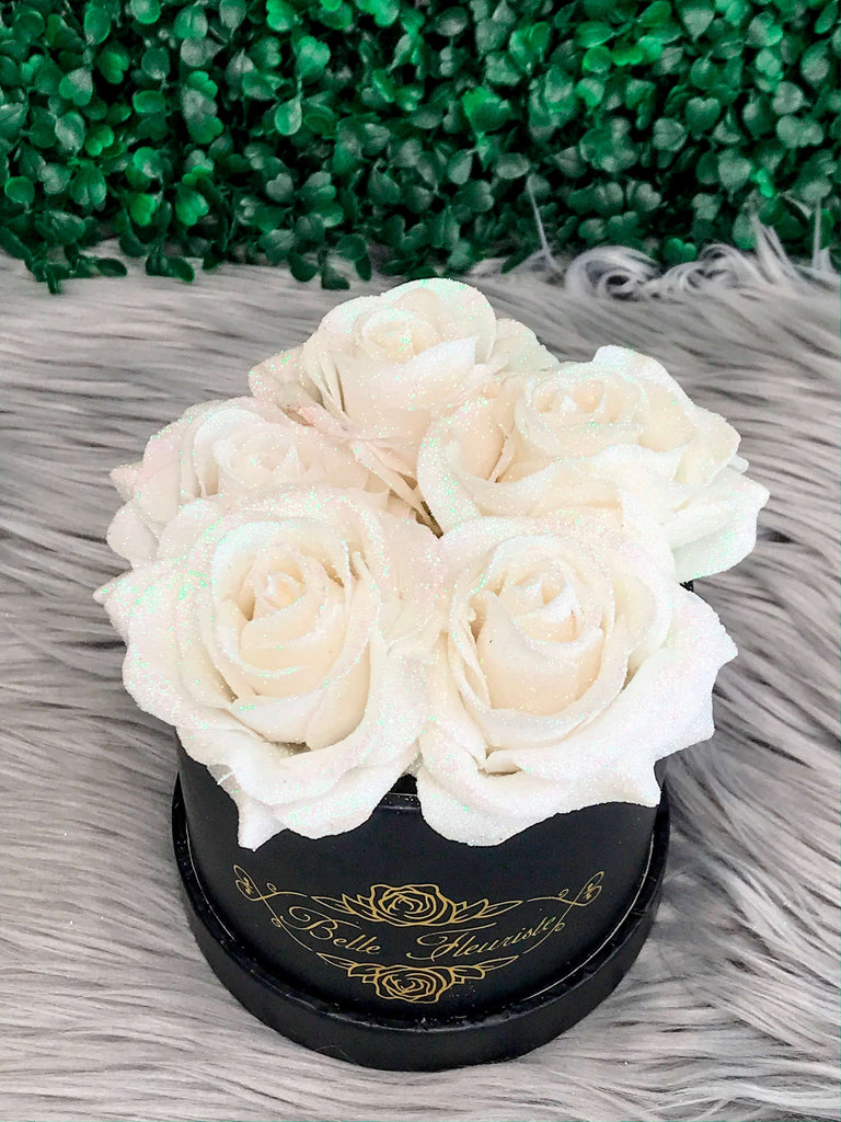 Black Glitter Roses - White Box (3 Roses)  Glitter roses, Mini roses,  Black glitter