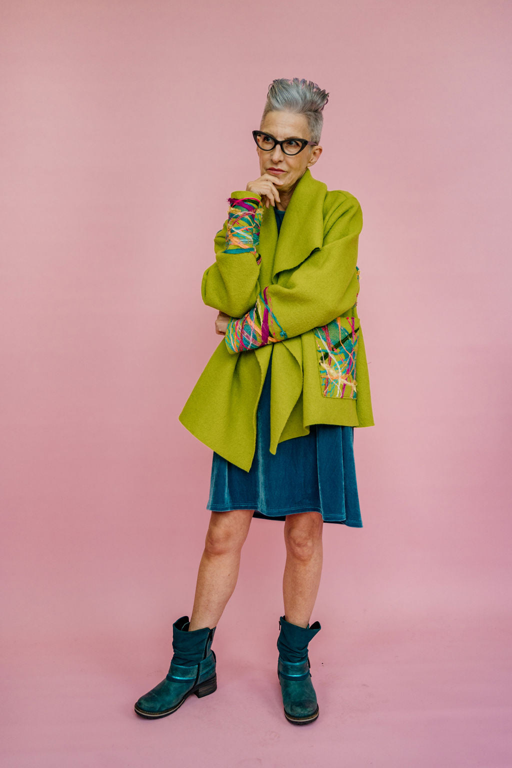 Embellished Cropped Wool Coat in Lime Green